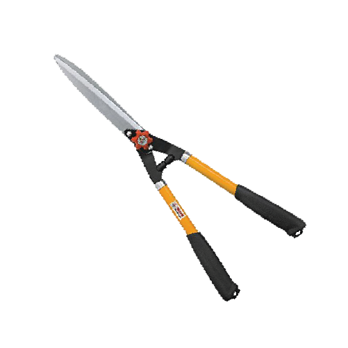 Long-handled garden hedge shears with orange handles and sharp stainless-steel blades.