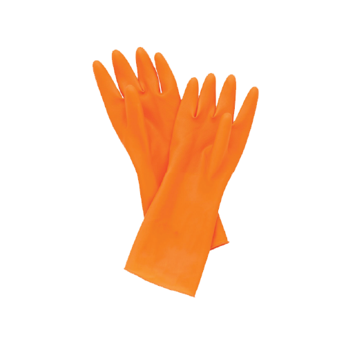 Pair of bright orange rubber cleaning gloves placed together on a white background