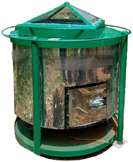 Marigold Moveable Community Composter — stainless steel drum with green frame and transparent body for on-site organic waste composting
