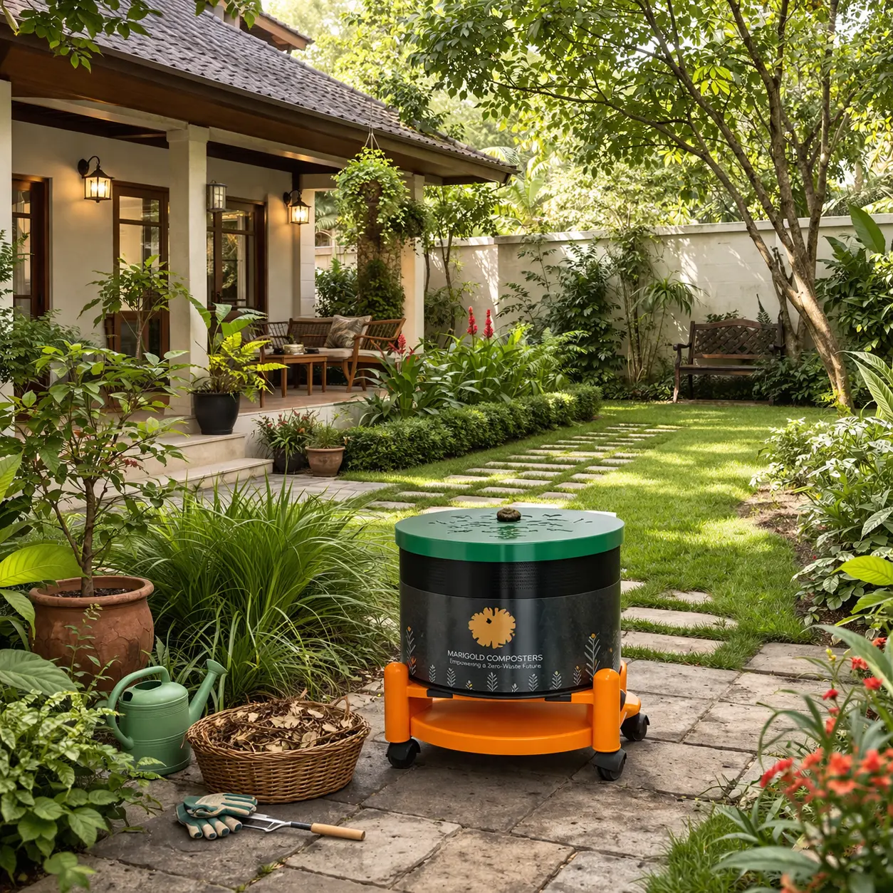 Marigold composter placed in a home garden