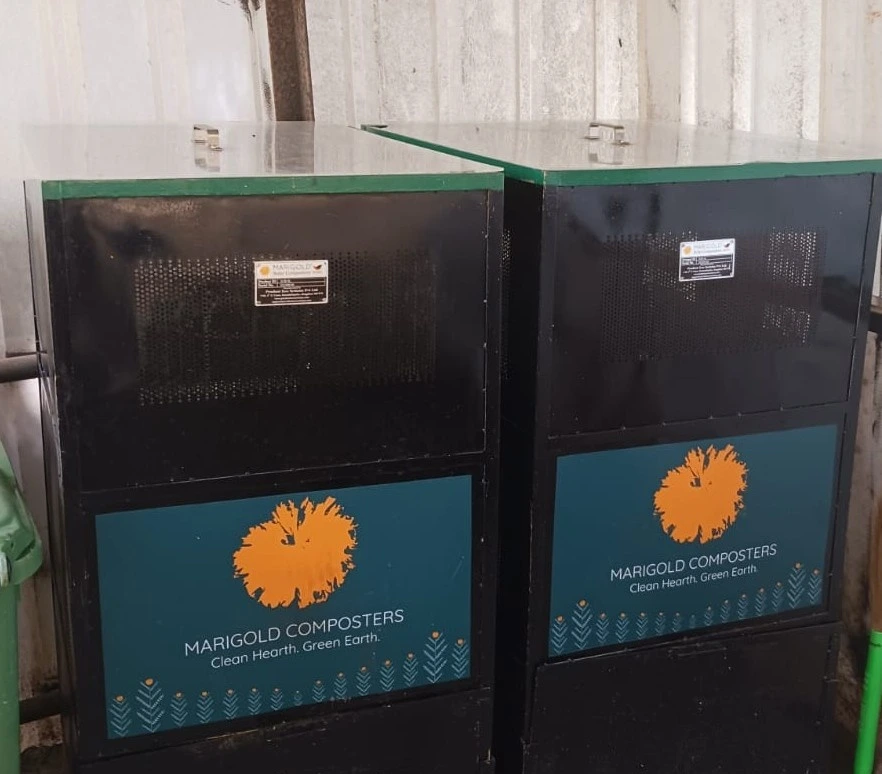 Marigold 430L Community Composter and 570L Curing Container pair — stainless steel units for housing societies and apartments