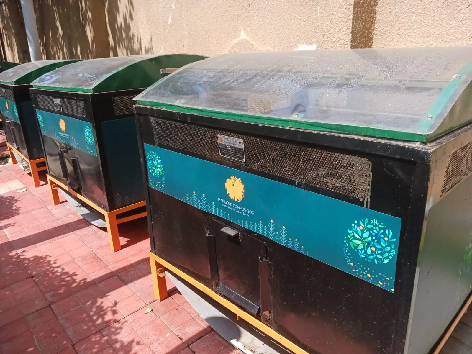 Marigold 430L Community Composter installed at client site — stainless steel rodent-proof and fly-proof composting system for housing societies