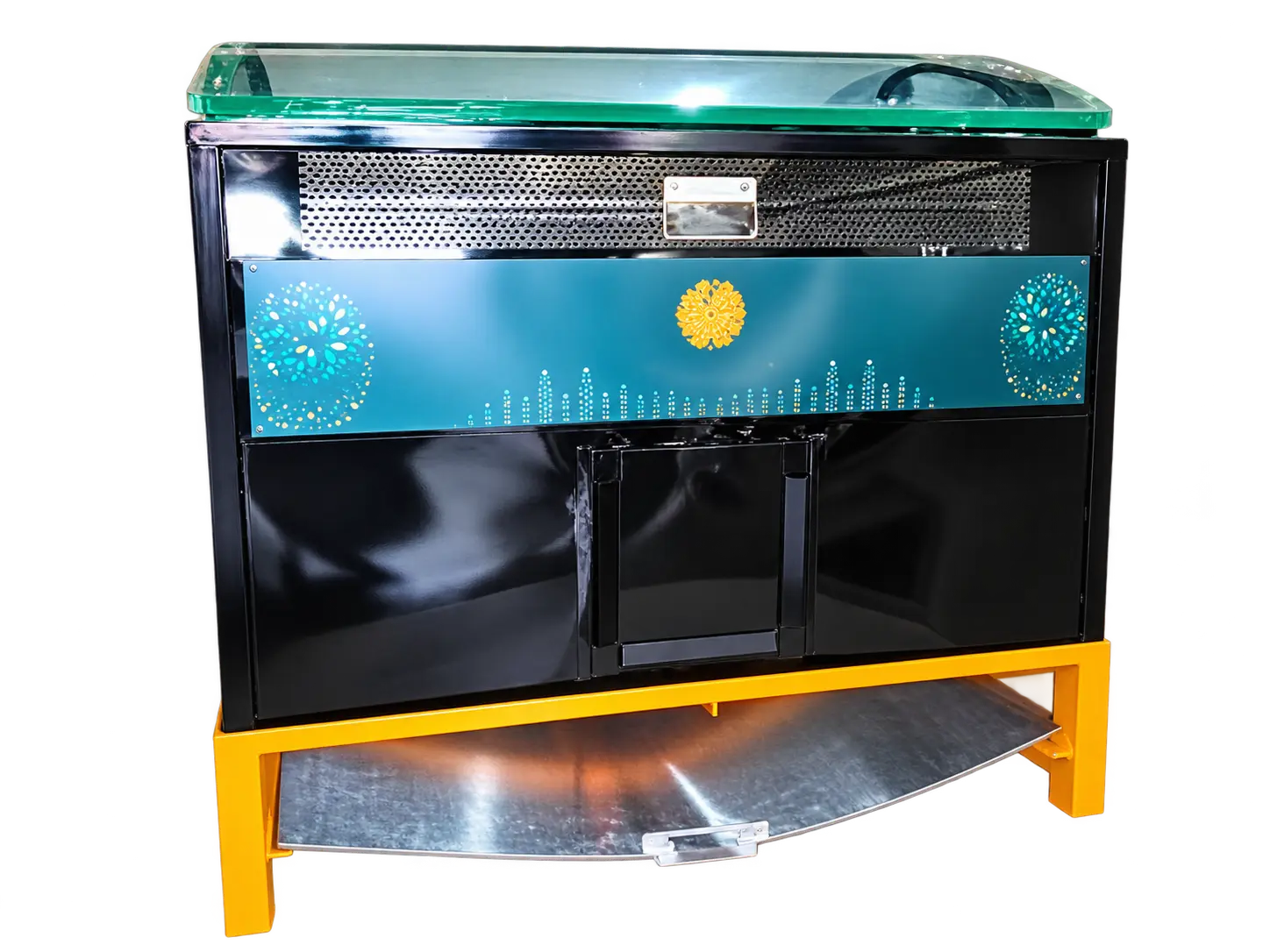 Marigold Moveable Community Composter — stainless steel drum with green frame and transparent body for on-site organic waste composting